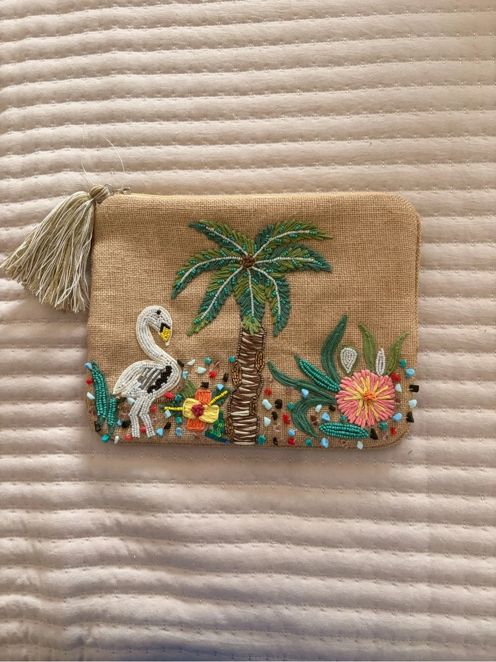 NEW Embroidered Tropical Palm & Flamingo Pouch - Beige with Teal Accents
